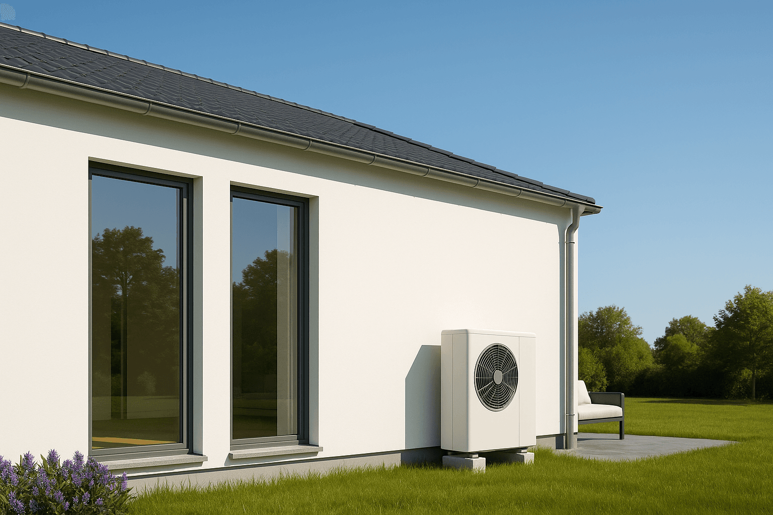 Maison moderne équipée d’une pompe à chaleur extérieure